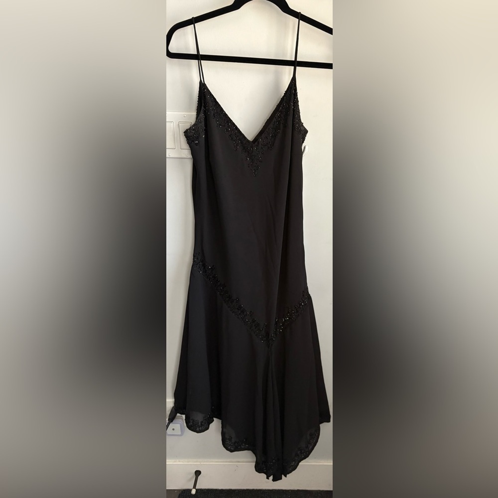 Black Asymmetrical Slip Dress with Beaded Trim Drop Waist